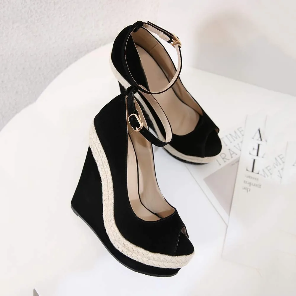 LEHOOR Women Wedge Sandals Ankle Strap Peep Toe Platform Pumps Espadrilles Hemp 6 Inch High Heel Black Fashion Shoes for Ladies