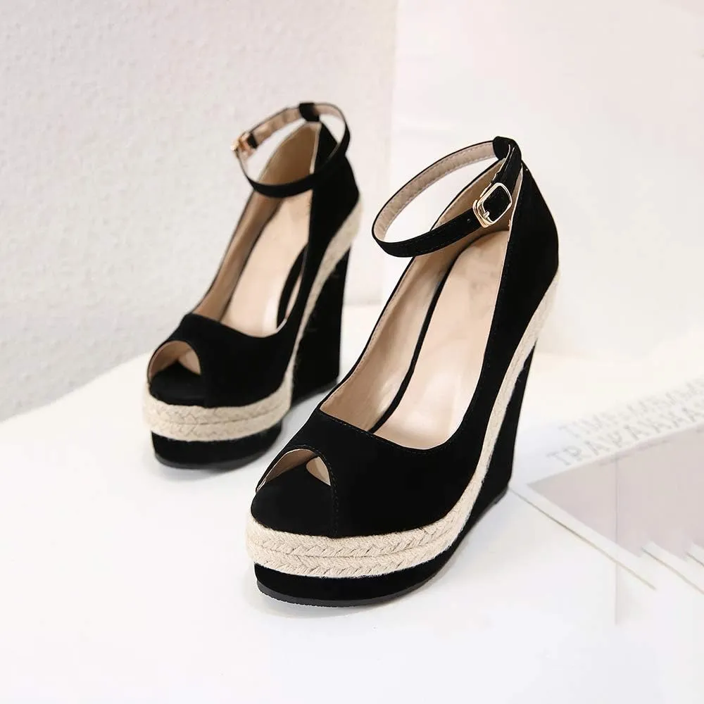 LEHOOR Women Wedge Sandals Ankle Strap Peep Toe Platform Pumps Espadrilles Hemp 6 Inch High Heel Black Fashion Shoes for Ladies