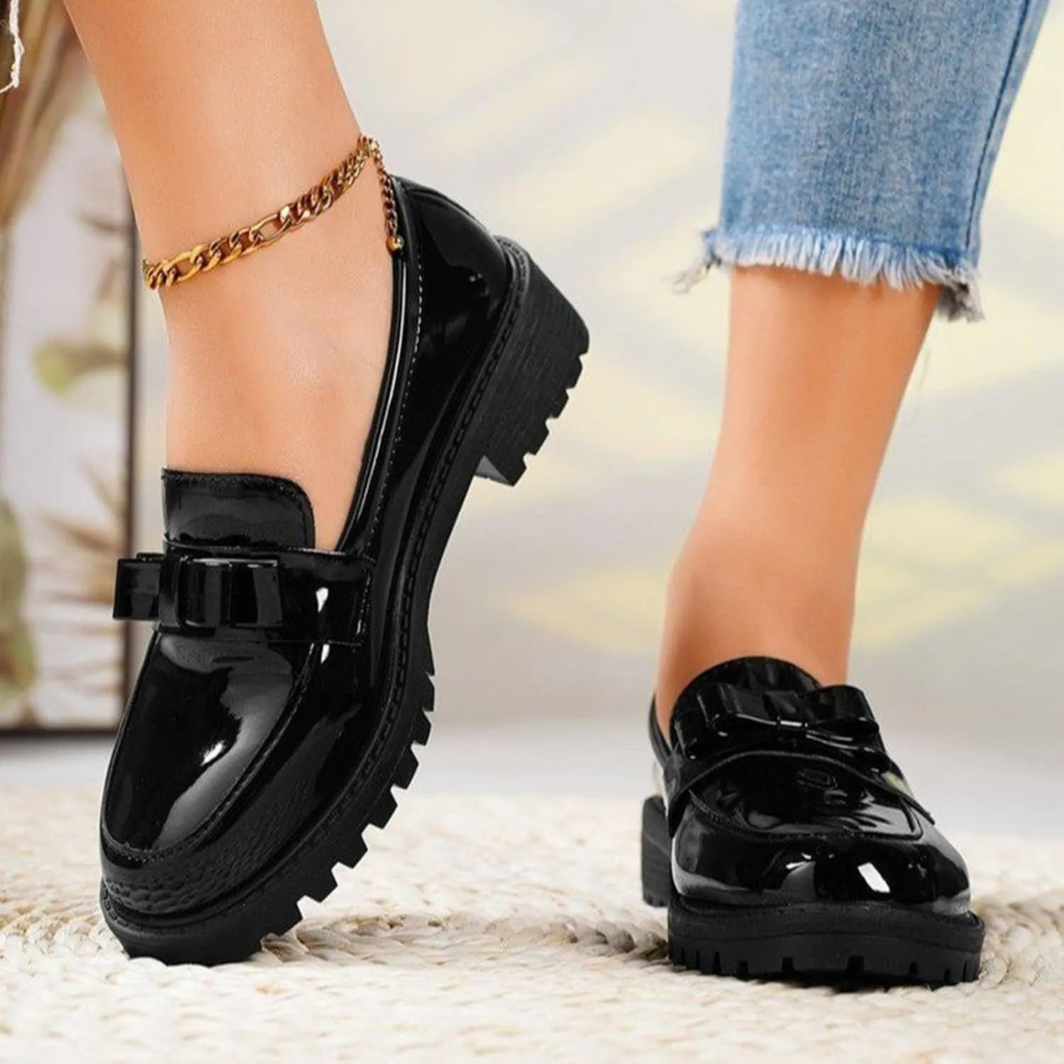 Loafers for Women Patent Platform Chunky Loafers Lug Sole Slip On Business Casual Shoes with Bow for Dressy and Work