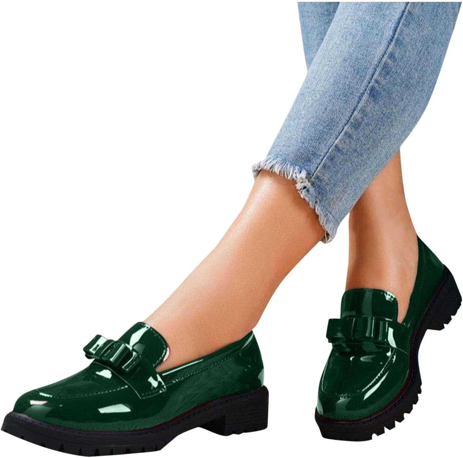 Loafers for Women Patent Platform Chunky Loafers Lug Sole Slip On Business Casual Shoes with Bow for Dressy and Work