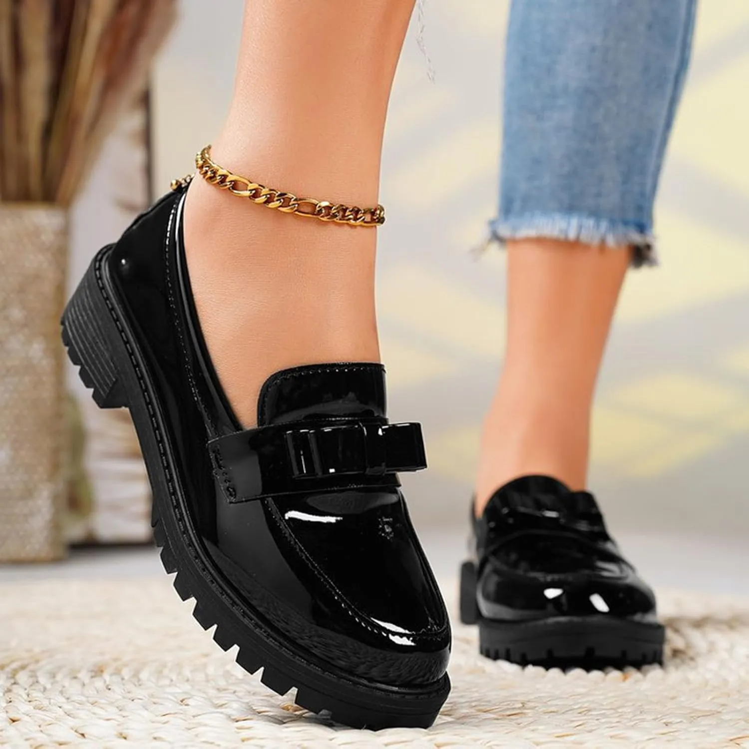 Loafers for Women Patent Platform Chunky Loafers Lug Sole Slip On Business Casual Shoes with Bow for Dressy and Work