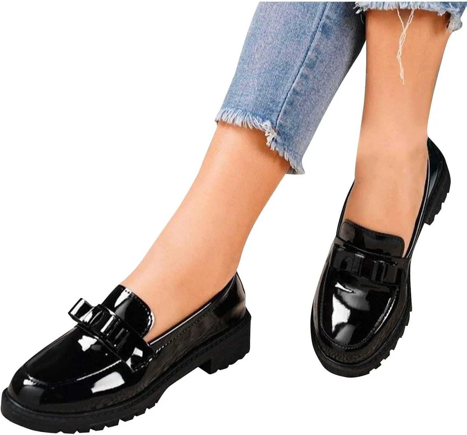 Loafers for Women Patent Platform Chunky Loafers Lug Sole Slip On Business Casual Shoes with Bow for Dressy and Work