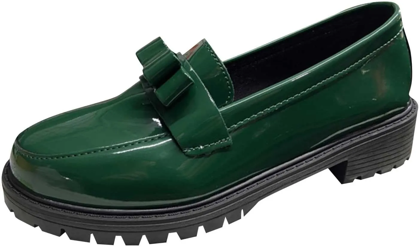 Loafers for Women Patent Platform Chunky Loafers Lug Sole Slip On Business Casual Shoes with Bow for Dressy and Work