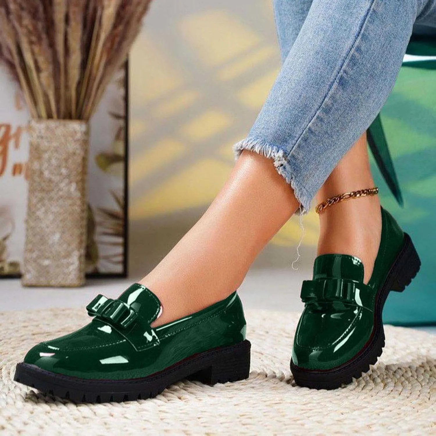 Loafers for Women Patent Platform Chunky Loafers Lug Sole Slip On Business Casual Shoes with Bow for Dressy and Work