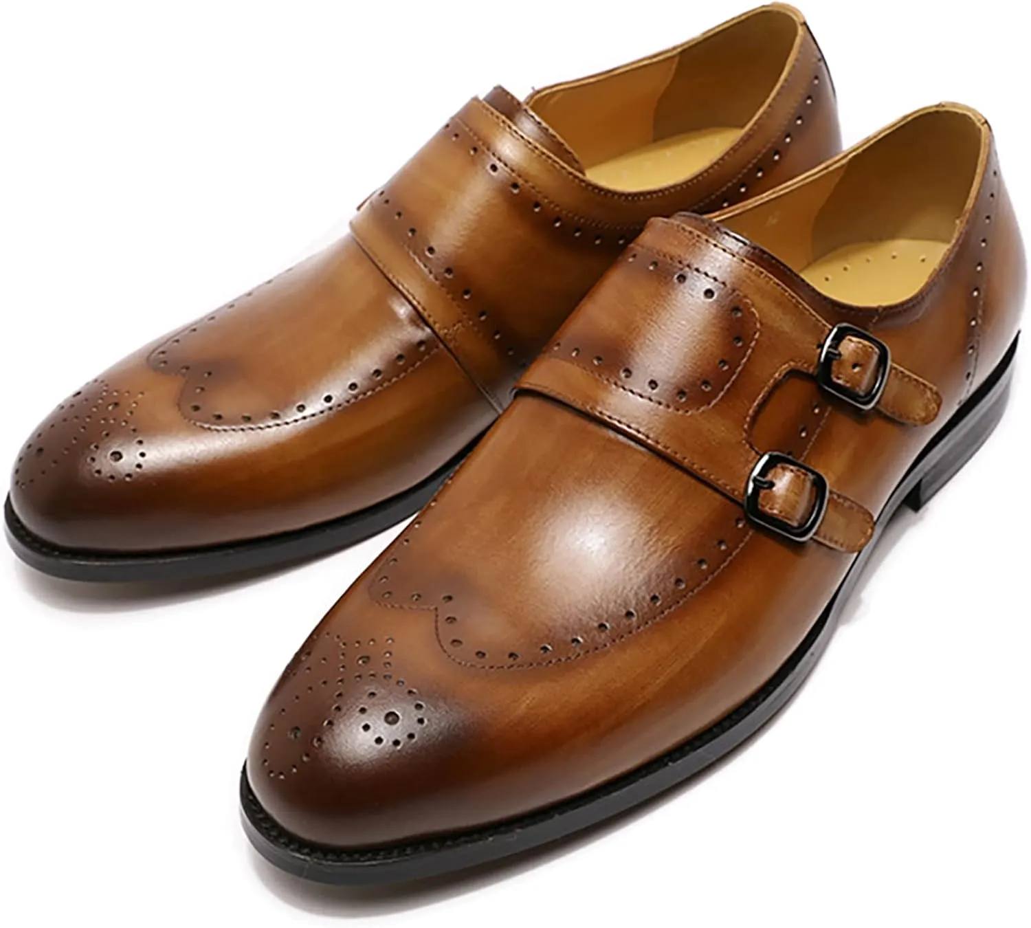 Men Formal Dress Double Monk Shoes Leather Buckle Derbys Wingtip Brogues Smart Office Monk Strap Shoes,Brown-46