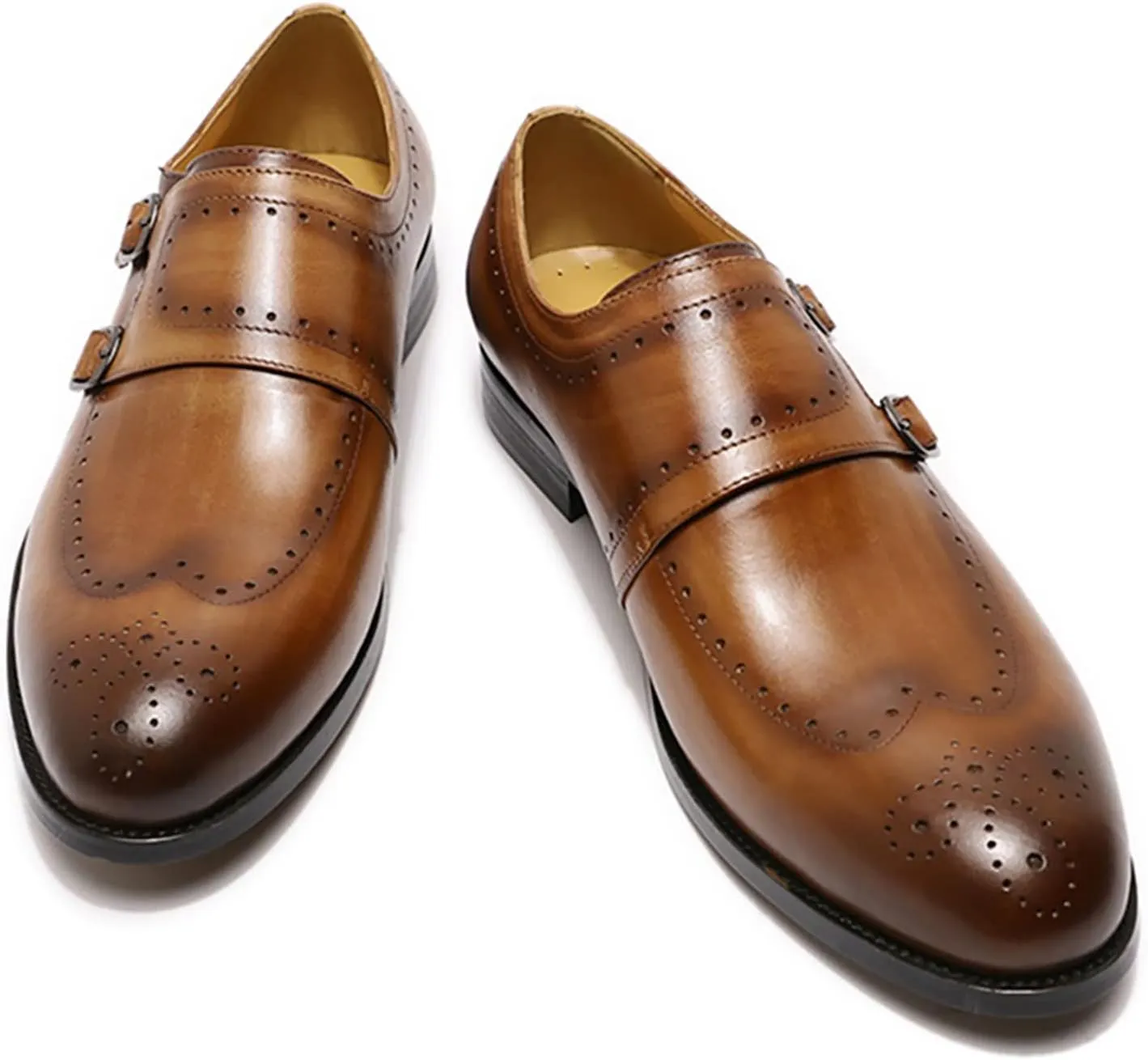 Men Formal Dress Double Monk Shoes Leather Buckle Derbys Wingtip Brogues Smart Office Monk Strap Shoes,Brown-46