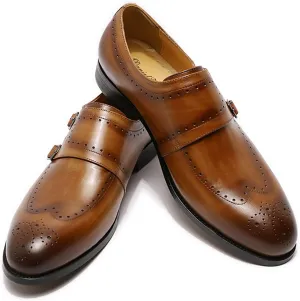 Men Formal Dress Double Monk Shoes Leather Buckle Derbys Wingtip Brogues Smart Office Monk Strap Shoes,Brown-46