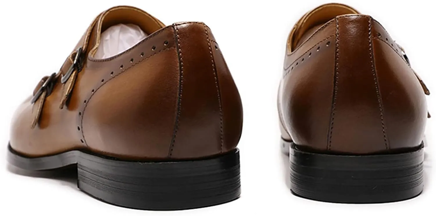 Men Formal Dress Double Monk Shoes Leather Buckle Derbys Wingtip Brogues Smart Office Monk Strap Shoes,Brown-46
