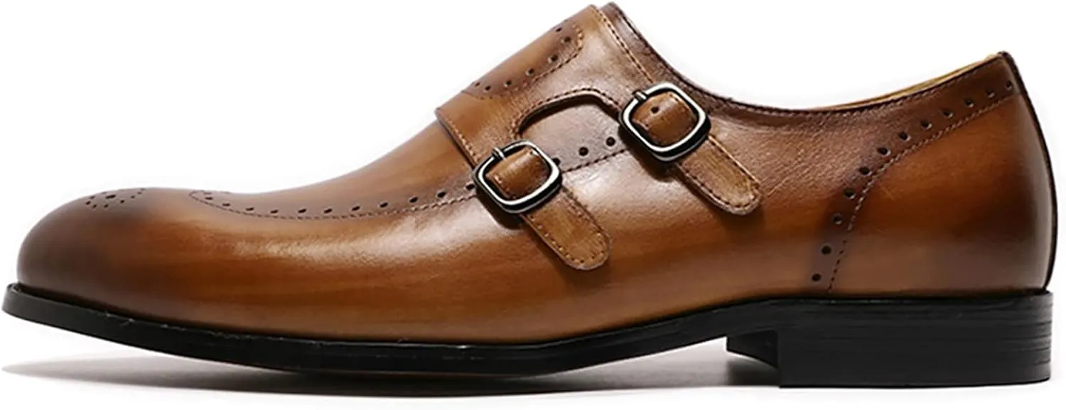 Men Formal Dress Double Monk Shoes Leather Buckle Derbys Wingtip Brogues Smart Office Monk Strap Shoes,Brown-46