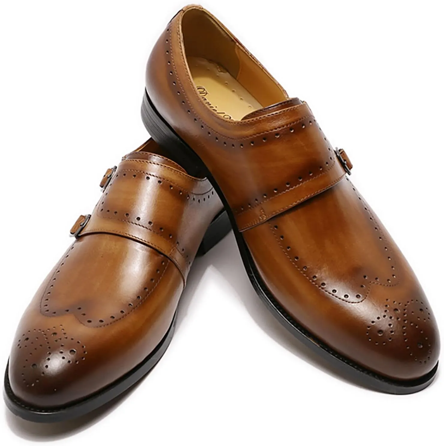 Men Formal Dress Double Monk Shoes Leather Buckle Derbys Wingtip Brogues Smart Office Monk Strap Shoes,Brown-46