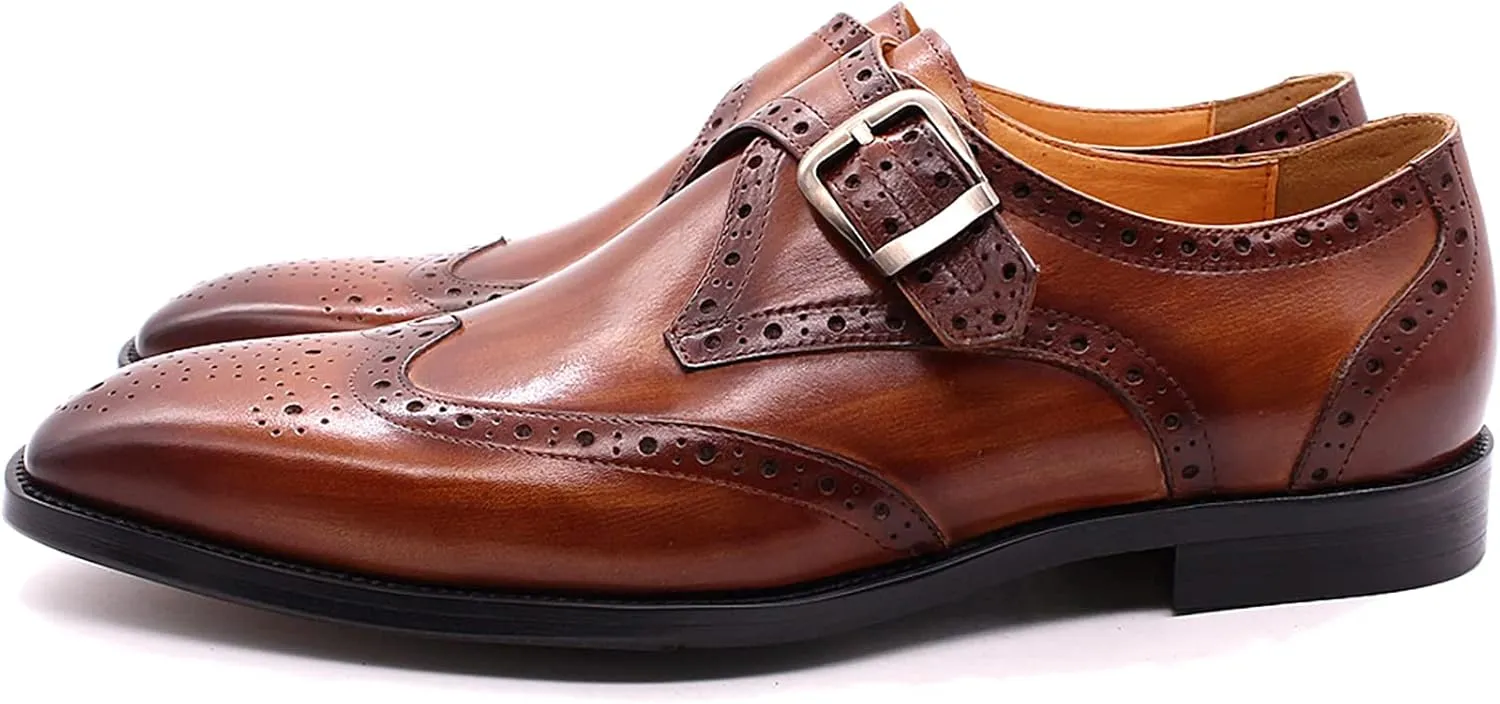 Men Formal Dress Double Monk Shoes Smart Office Monk Strap Shoes Leather Buckle Derbys Wingtip Brogues,Brown-45