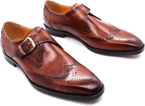 Men Formal Dress Double Monk Shoes Smart Office Monk Strap Shoes Leather Buckle Derbys Wingtip Brogues,Brown-45
