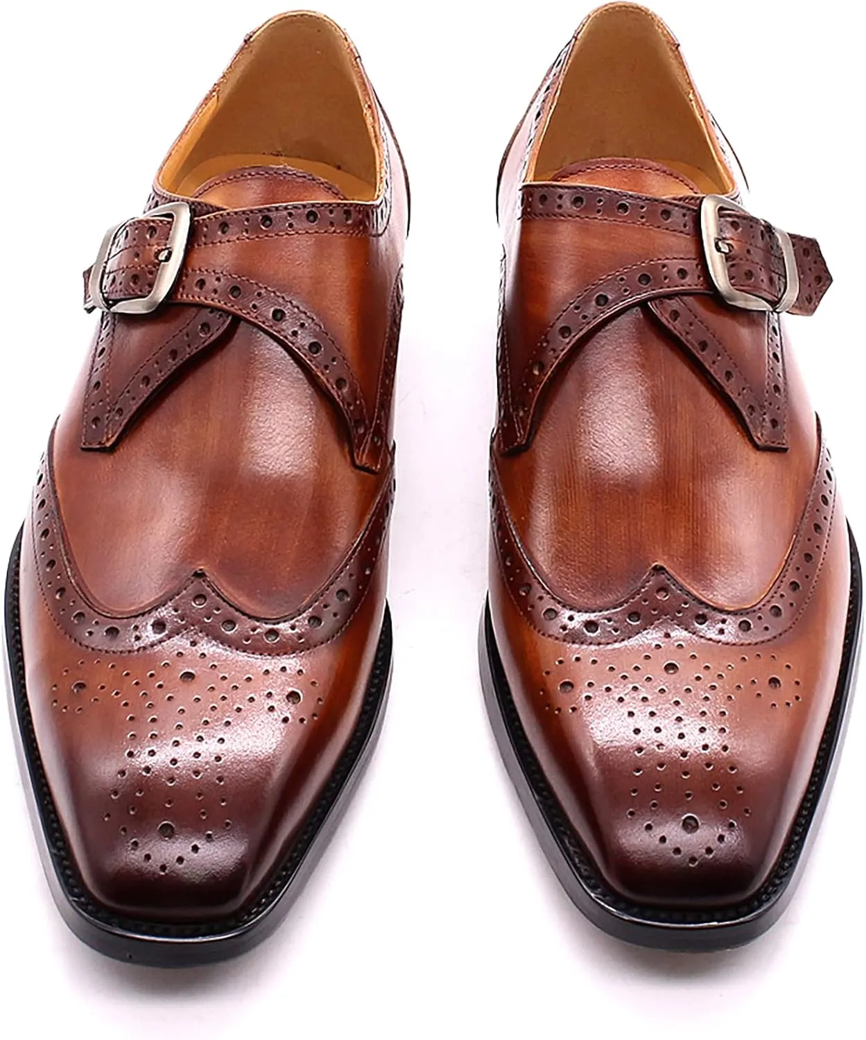 Men Formal Dress Double Monk Shoes Smart Office Monk Strap Shoes Leather Buckle Derbys Wingtip Brogues,Brown-45