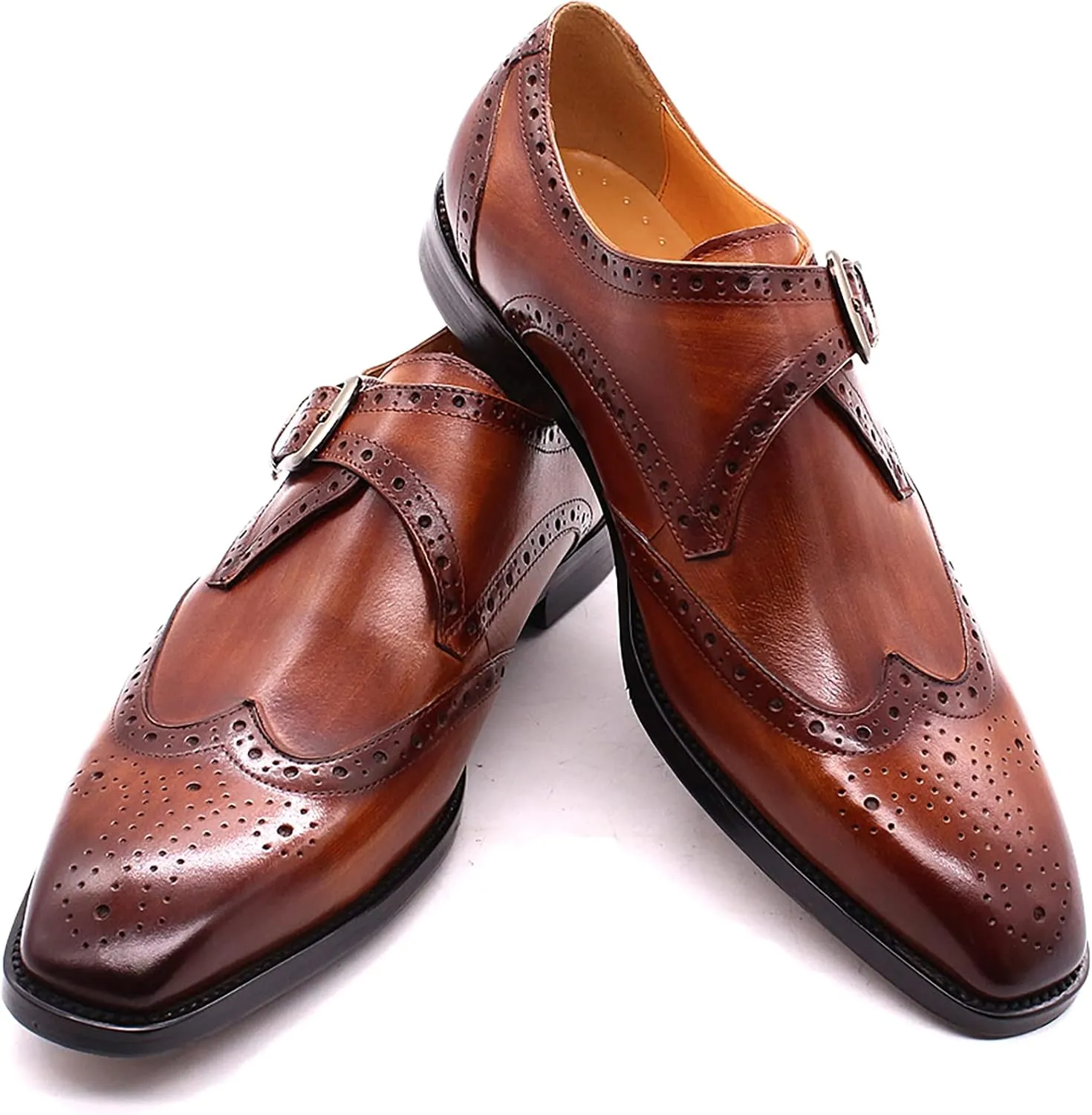 Men Formal Dress Double Monk Shoes Smart Office Monk Strap Shoes Leather Buckle Derbys Wingtip Brogues,Brown-45