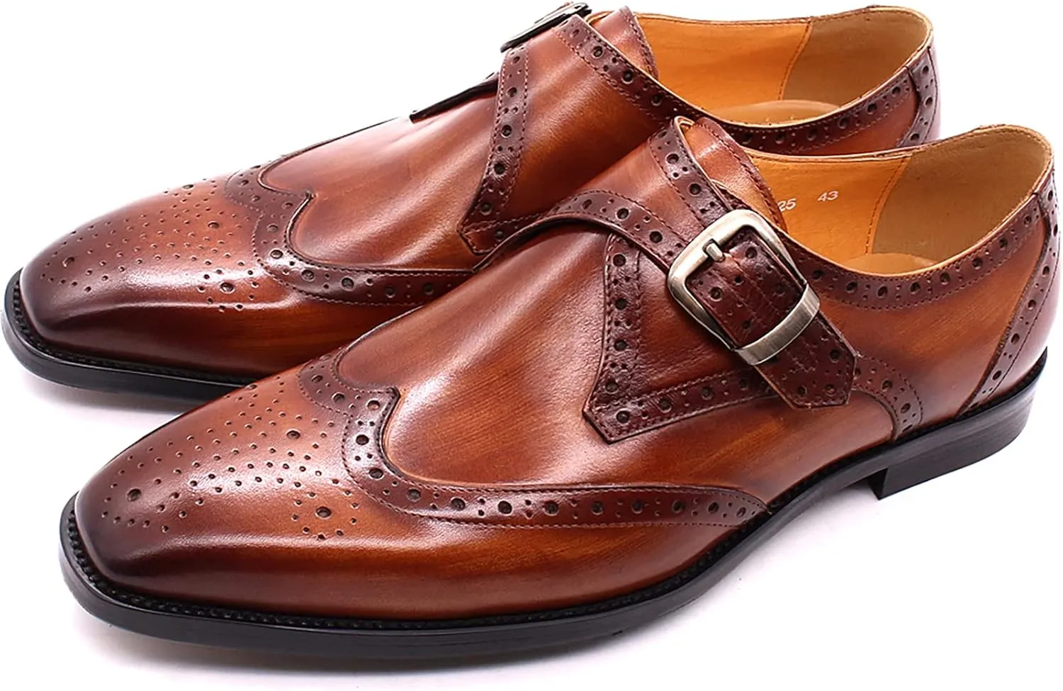 Men Formal Dress Double Monk Shoes Smart Office Monk Strap Shoes Leather Buckle Derbys Wingtip Brogues,Brown-45
