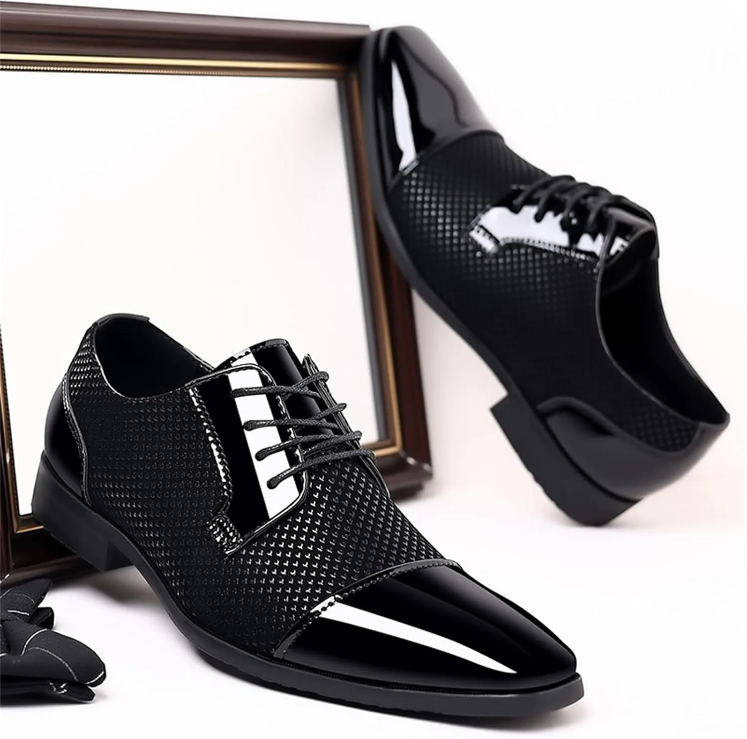 Men Patent Leather Tuxedo Shoes Cap Toe Lace-up Formal Casual Oxfords Shoes Breathable Business Wedding Dress Shoes Black