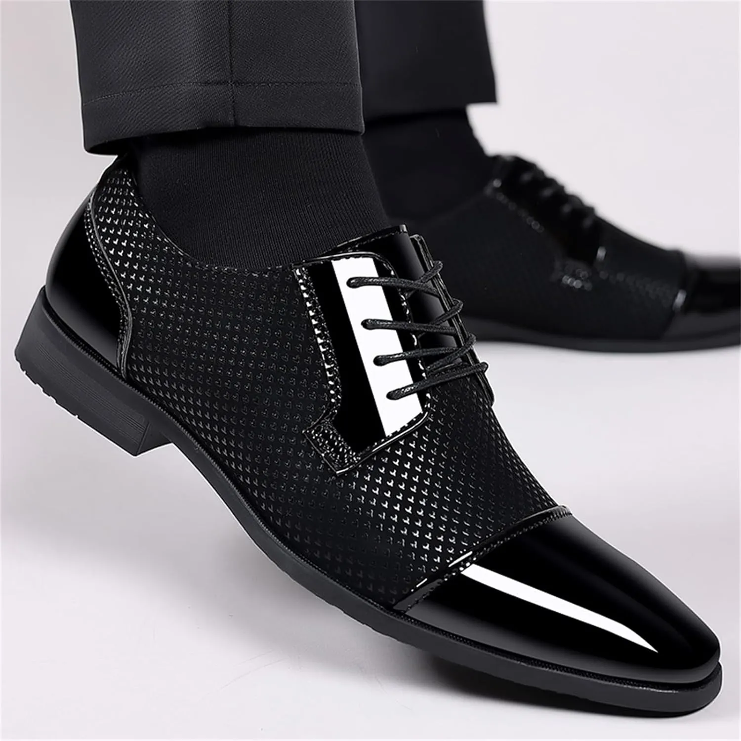 Men Patent Leather Tuxedo Shoes Cap Toe Lace-up Formal Casual Oxfords Shoes Breathable Business Wedding Dress Shoes Black