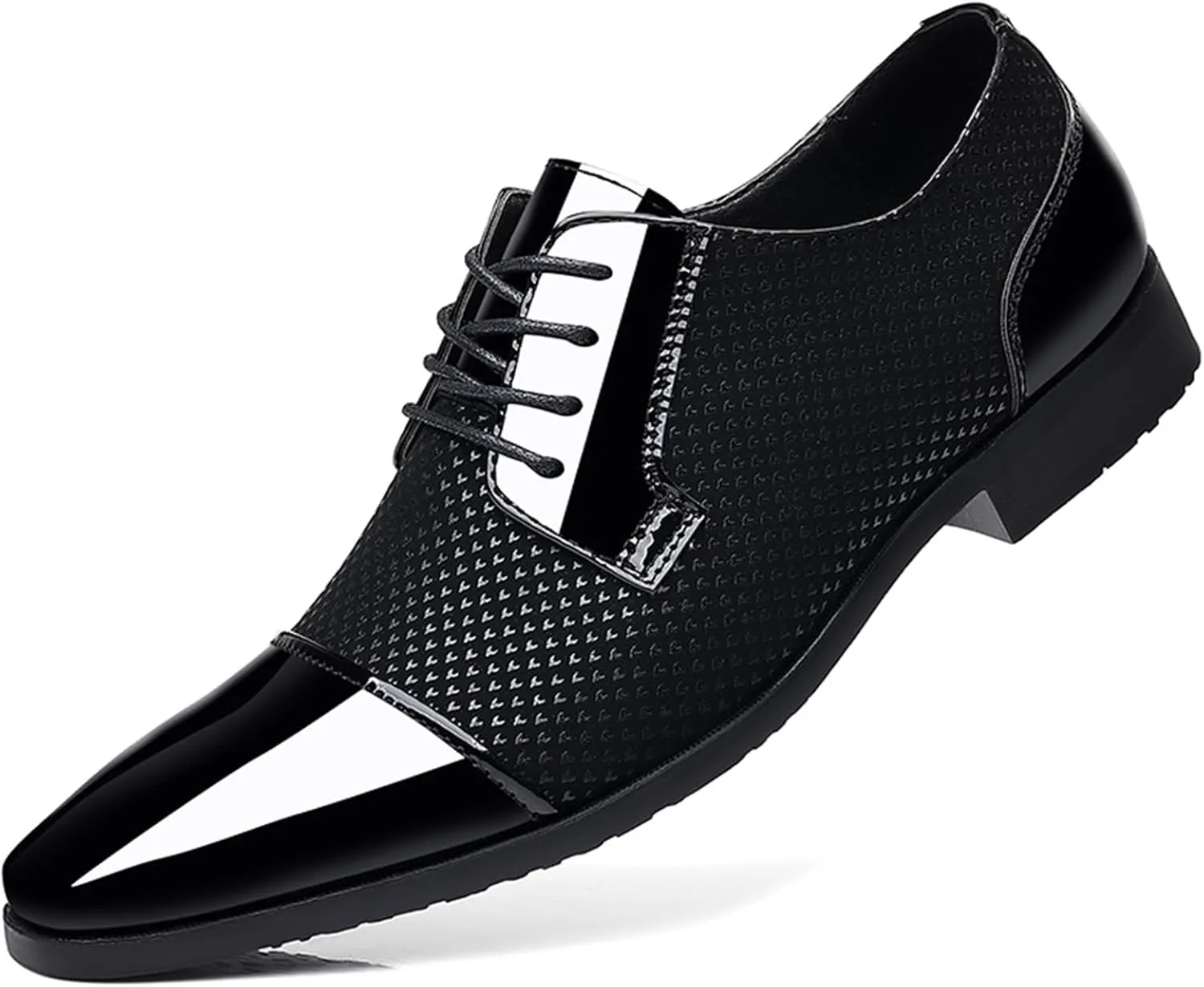 Men Patent Leather Tuxedo Shoes Cap Toe Lace-up Formal Casual Oxfords Shoes Breathable Business Wedding Dress Shoes Black