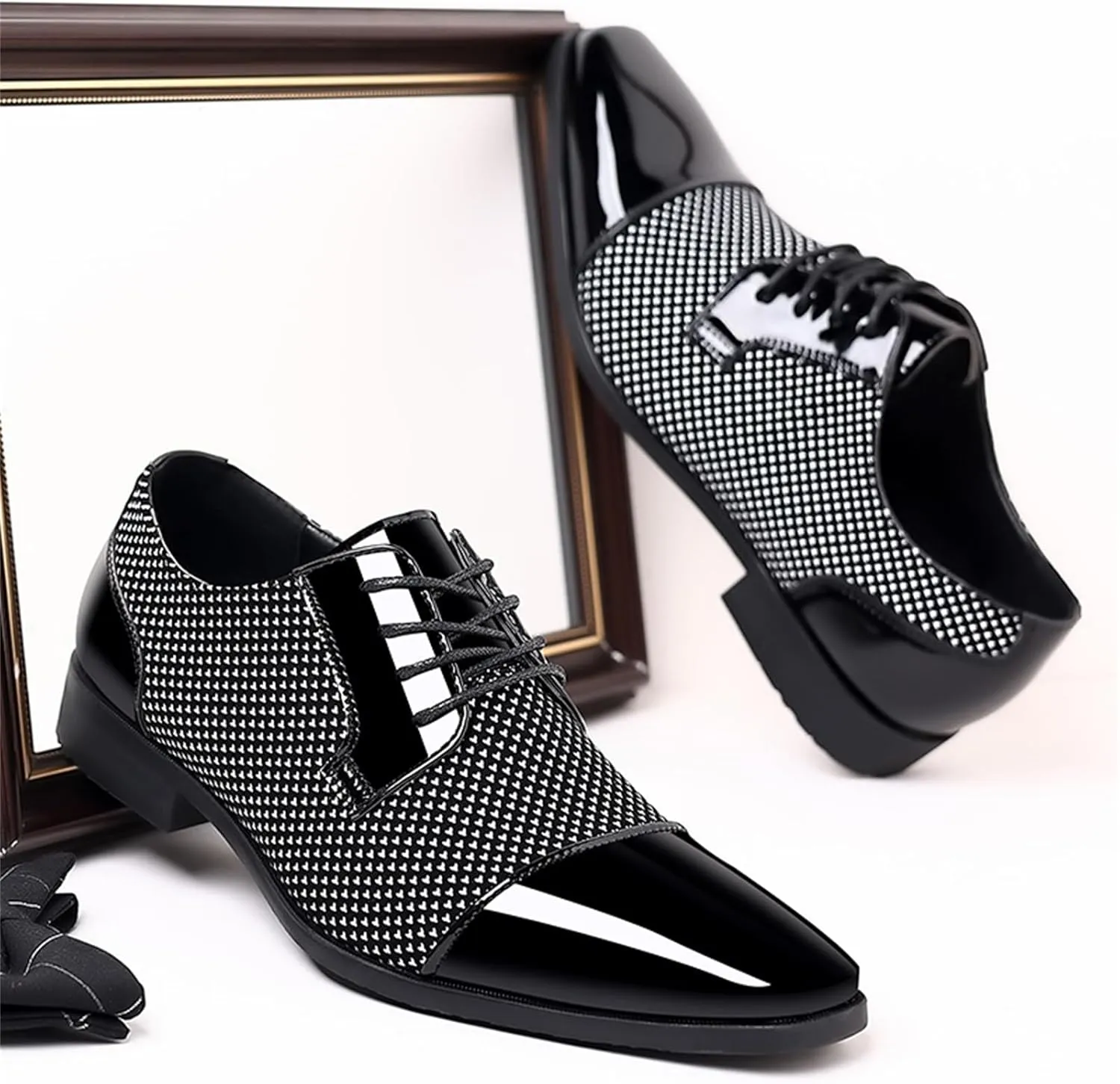Men Patent Leather Tuxedo Shoes Cap Toe Lace-up Formal Casual Oxfords Shoes Breathable Business Wedding Dress Shoes Grey