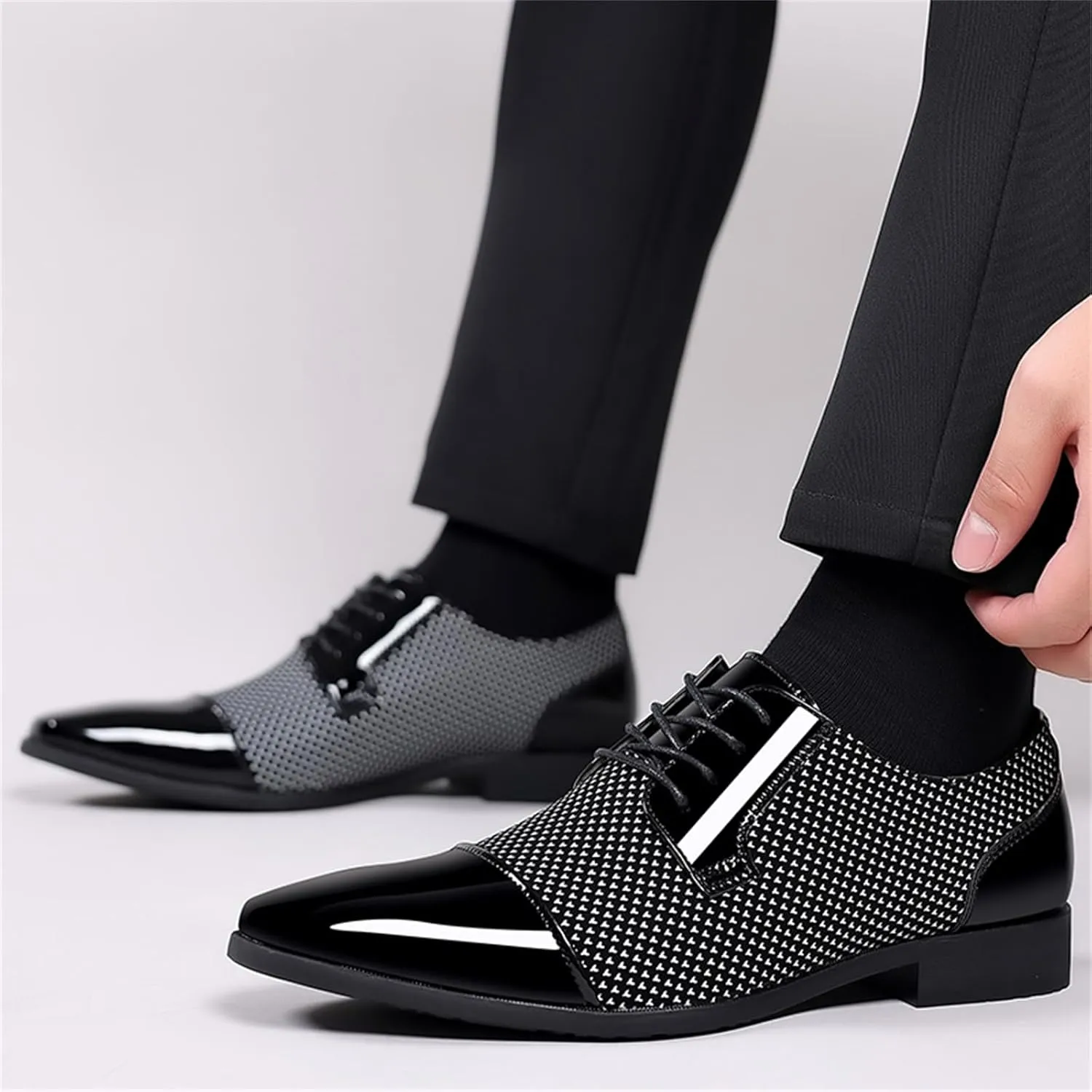 Men Patent Leather Tuxedo Shoes Cap Toe Lace-up Formal Casual Oxfords Shoes Breathable Business Wedding Dress Shoes Grey