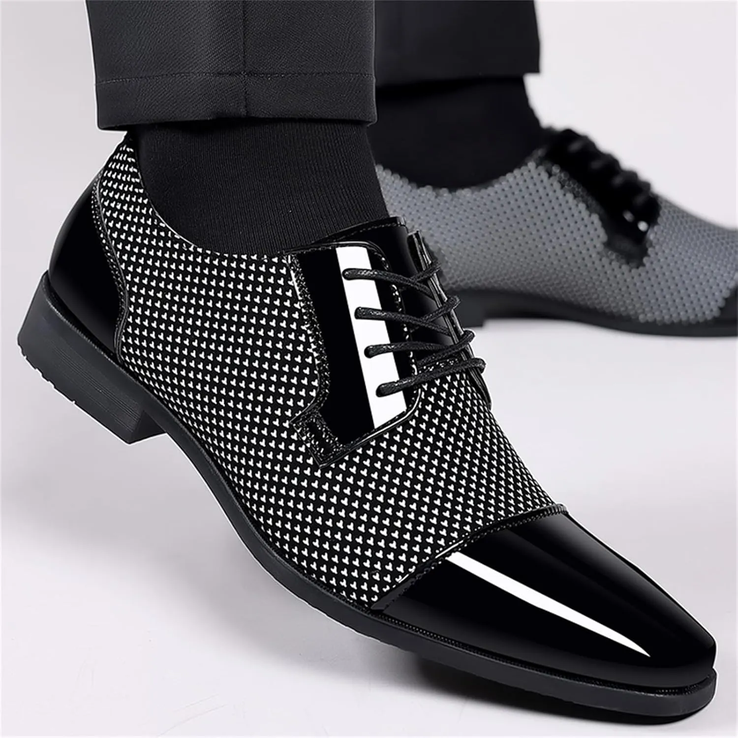Men Patent Leather Tuxedo Shoes Cap Toe Lace-up Formal Casual Oxfords Shoes Breathable Business Wedding Dress Shoes Grey
