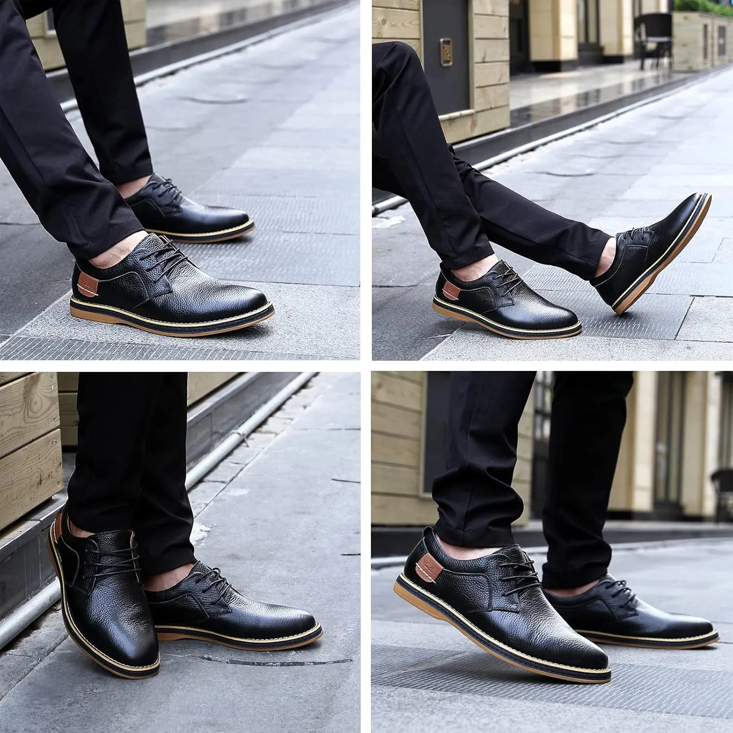 Men's Casual Leather Dress Shoes Formal Oxford,Classic Non-Slip Breathable Lace Up Plain Toe Flat Business Derby Shoes