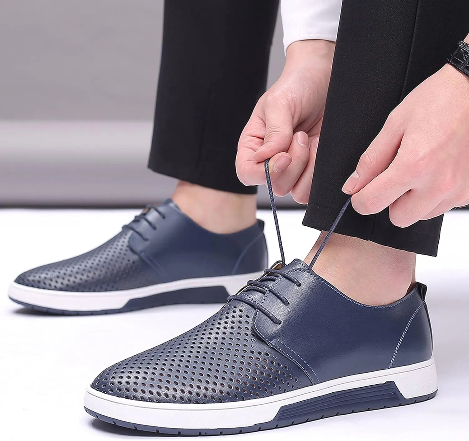 Men's Dress Shoes Wide Width Comfortable Leisure Shoes Men's Leather Breathable Summer Hollow Mens Slip On Dress Shoes