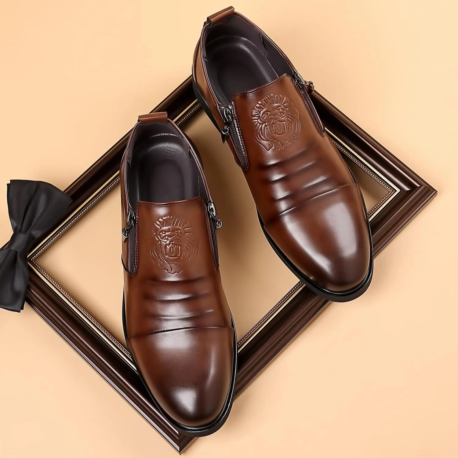 Men's Fashion Classic Pointed Toe Low Top Leather Dress Shoes Slip On Pointed Toe Derbys Classic Formal Business Shoes