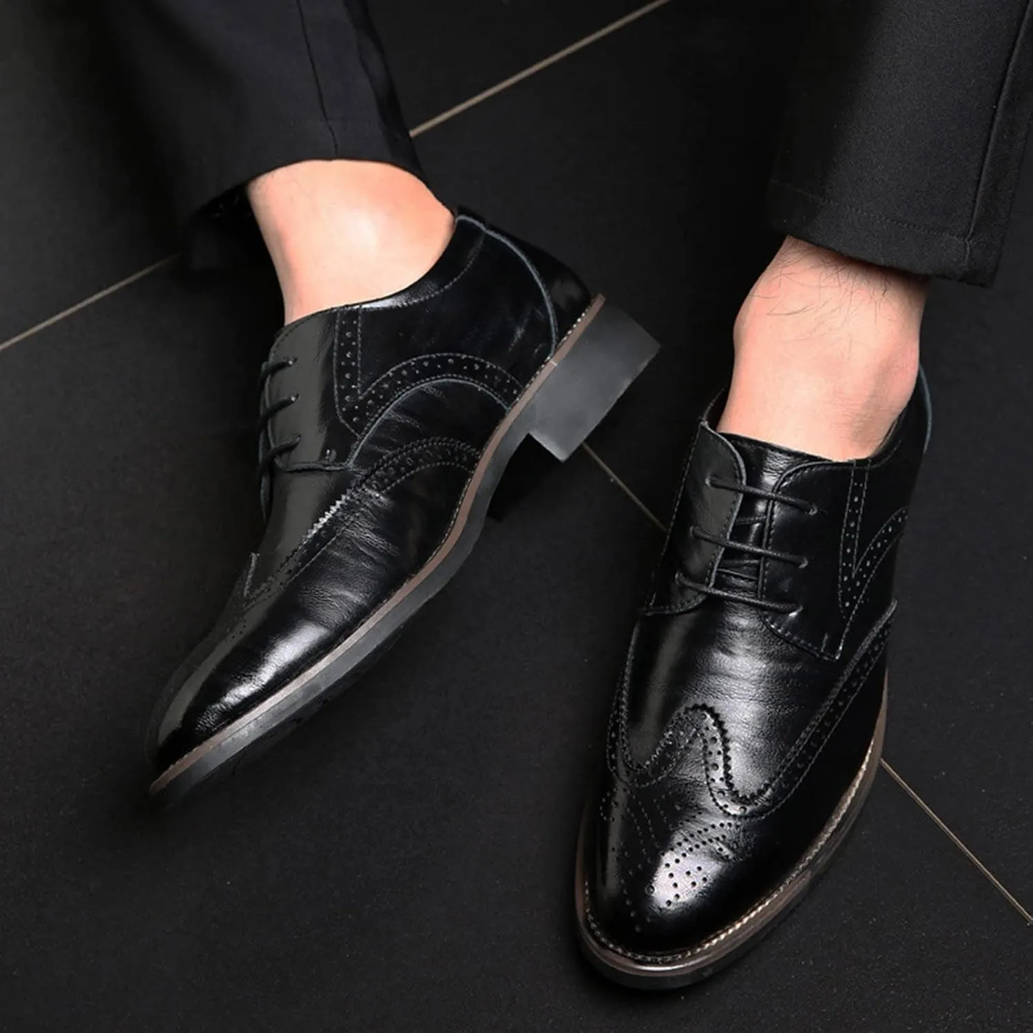 Men's Leather Formal Tuxedo Slip On Dress Shoes Classical Style Men's Breathable Hollow Business Casual Pointed Shoes Dress Shoes Men Formal Oxfords