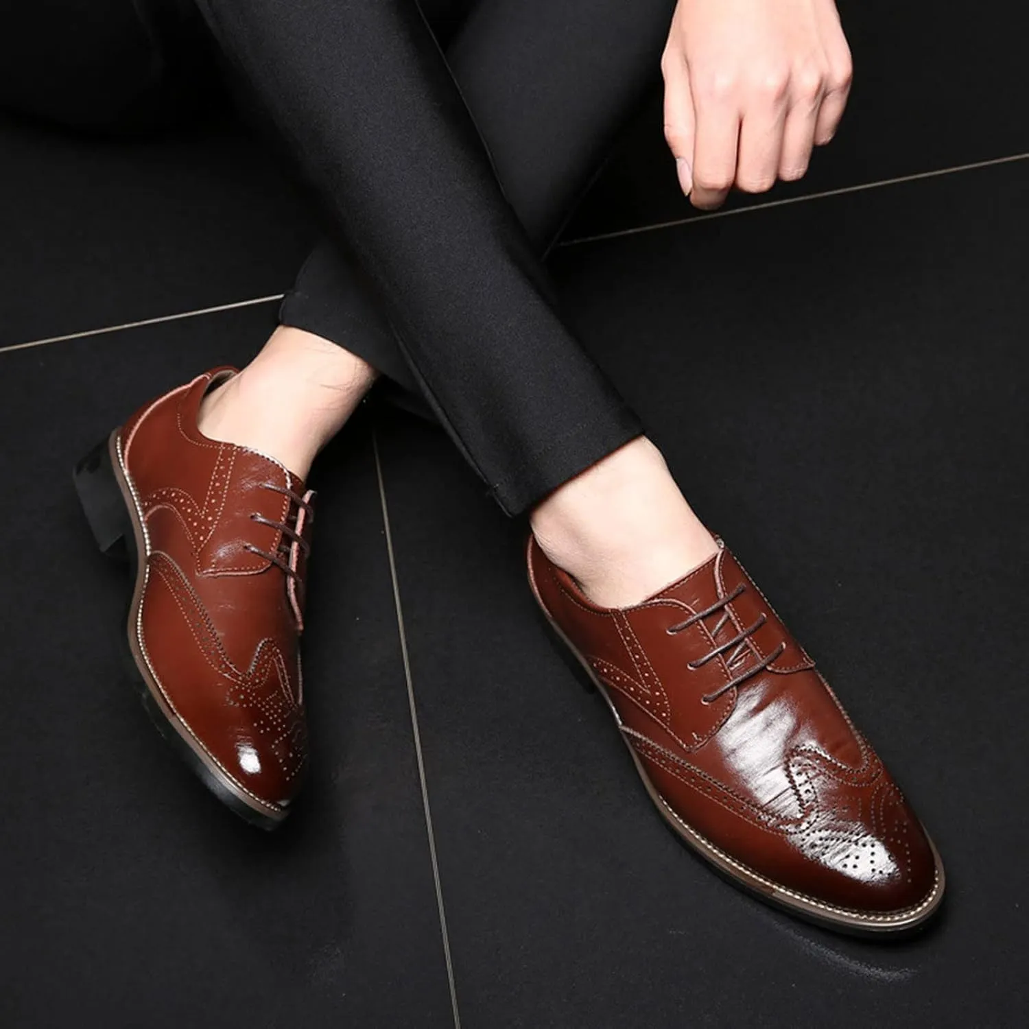 Men's Leather Formal Tuxedo Slip On Dress Shoes Classical Style Men's Breathable Hollow Business Casual Pointed Shoes Dress Shoes Men Formal Oxfords