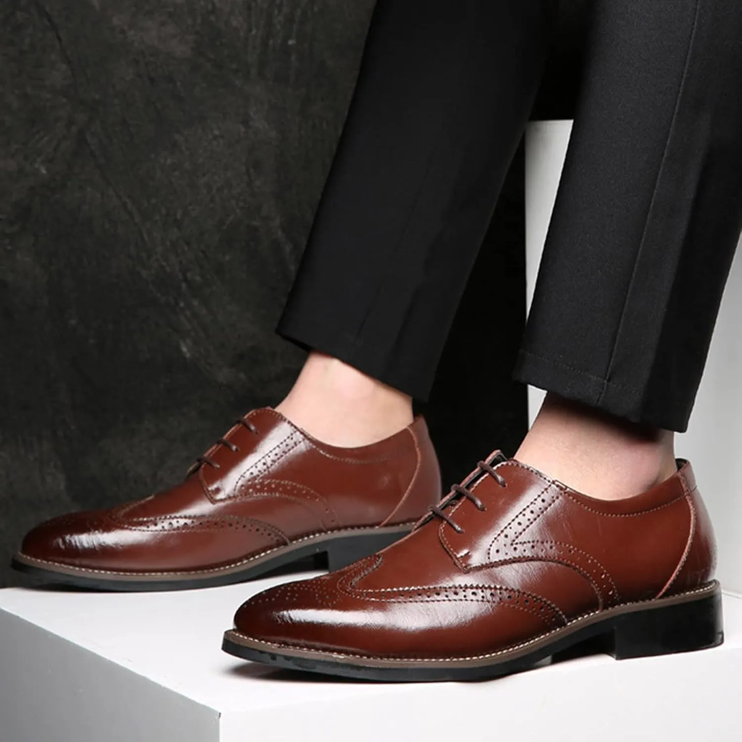 Men's Leather Formal Tuxedo Slip On Dress Shoes Classical Style Men's Breathable Hollow Business Casual Pointed Shoes Dress Shoes Men Formal Oxfords