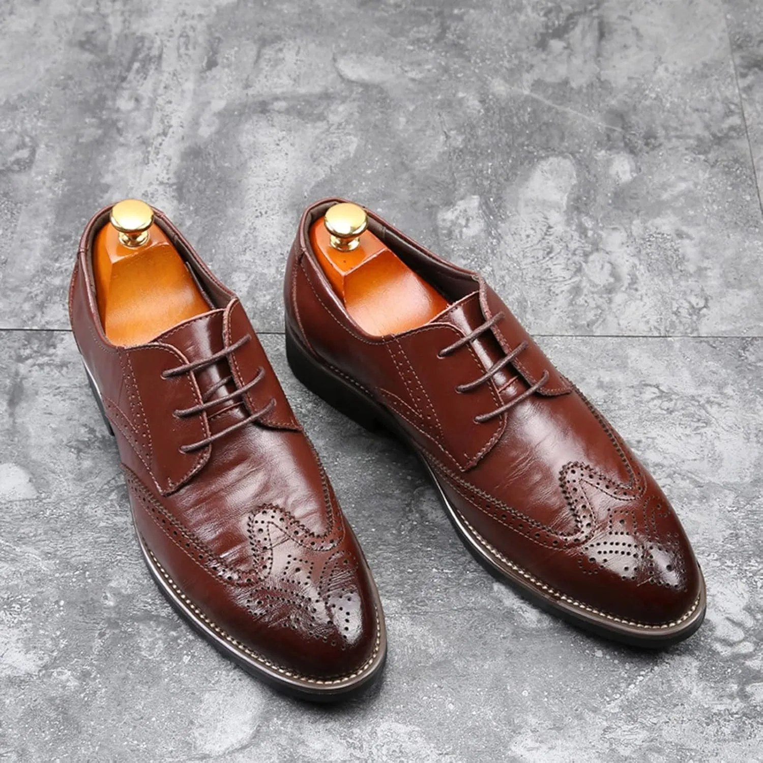 Men's Leather Formal Tuxedo Slip On Dress Shoes Classical Style Men's Breathable Hollow Business Casual Pointed Shoes Dress Shoes Men Formal Oxfords