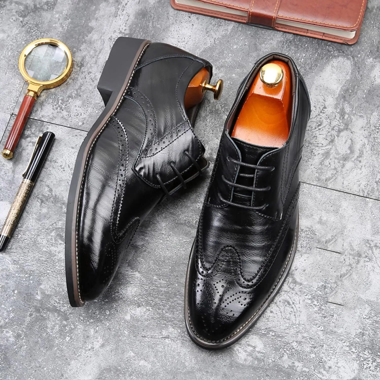 Men's Leather Formal Tuxedo Slip On Dress Shoes Classical Style Men's Breathable Hollow Business Casual Pointed Shoes Dress Shoes Men Formal Oxfords