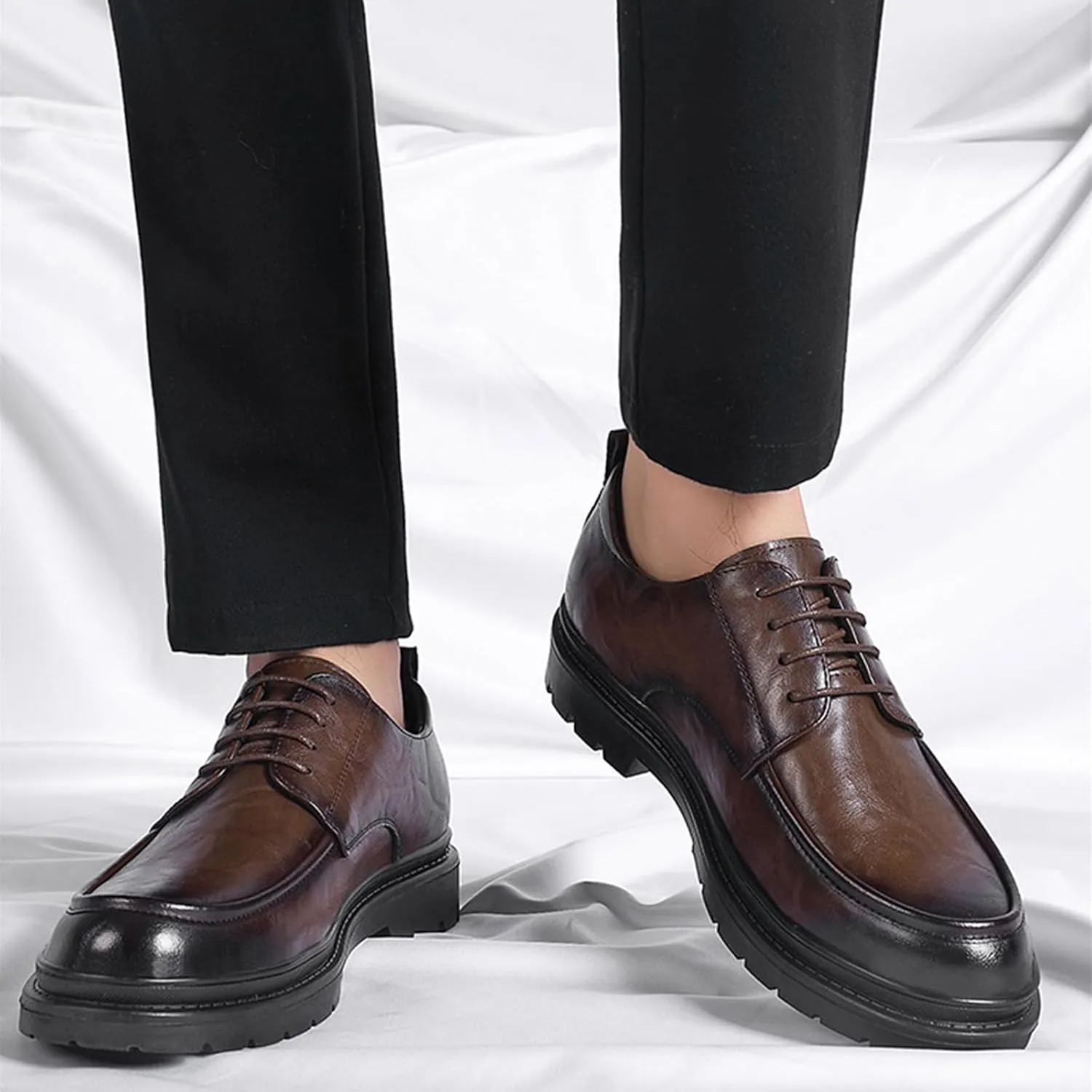 Men's Leather Platform Derby Shoes Classic Round Toe Lace Up Comfort Non Slip Business Oxford Shoes for Work Evening Dress Shoes