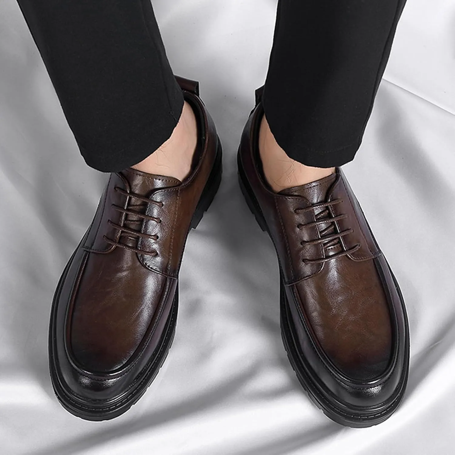 Men's Leather Platform Derby Shoes Classic Round Toe Lace Up Comfort Non Slip Business Oxford Shoes for Work Evening Dress Shoes