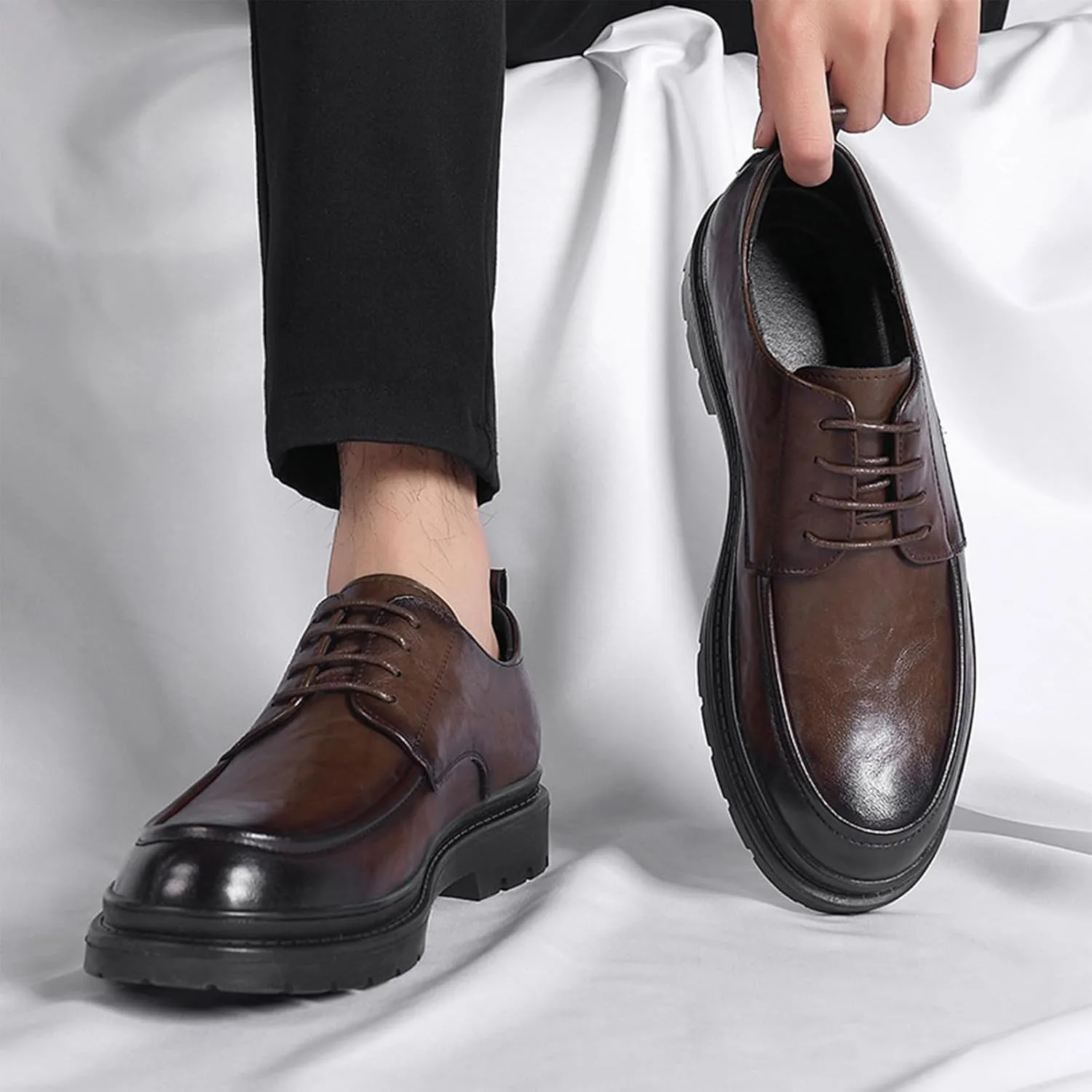 Men's Leather Platform Derby Shoes Classic Round Toe Lace Up Comfort Non Slip Business Oxford Shoes for Work Evening Dress Shoes