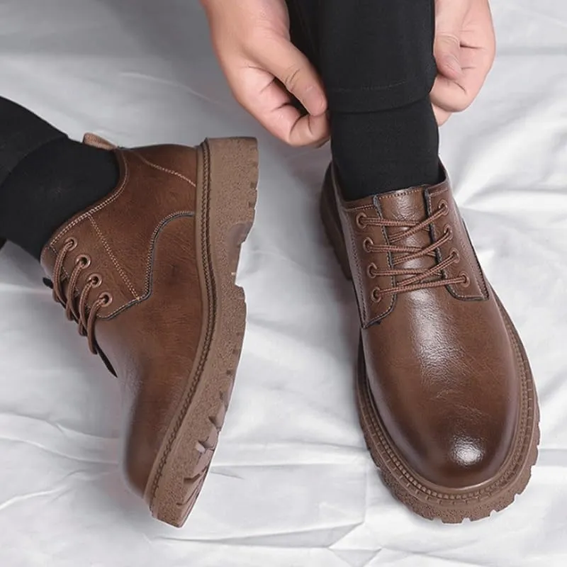 Men's Leather Platform Formal Derby Shoes Luxury Round Toe Lug Sole Lace Up Dress Shoes