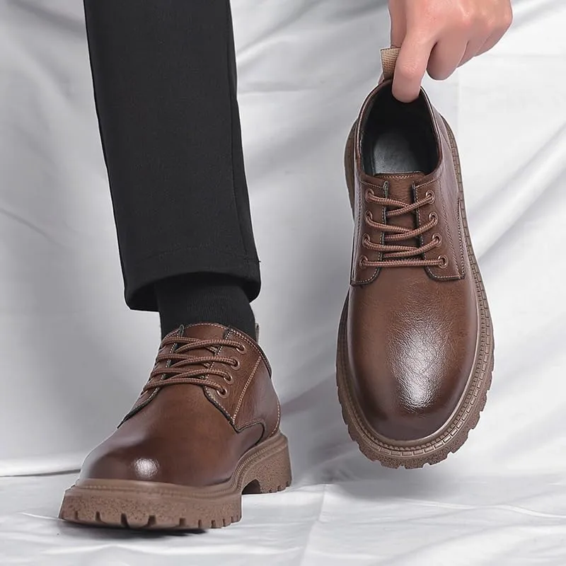 Men's Leather Platform Formal Derby Shoes Luxury Round Toe Lug Sole Lace Up Dress Shoes