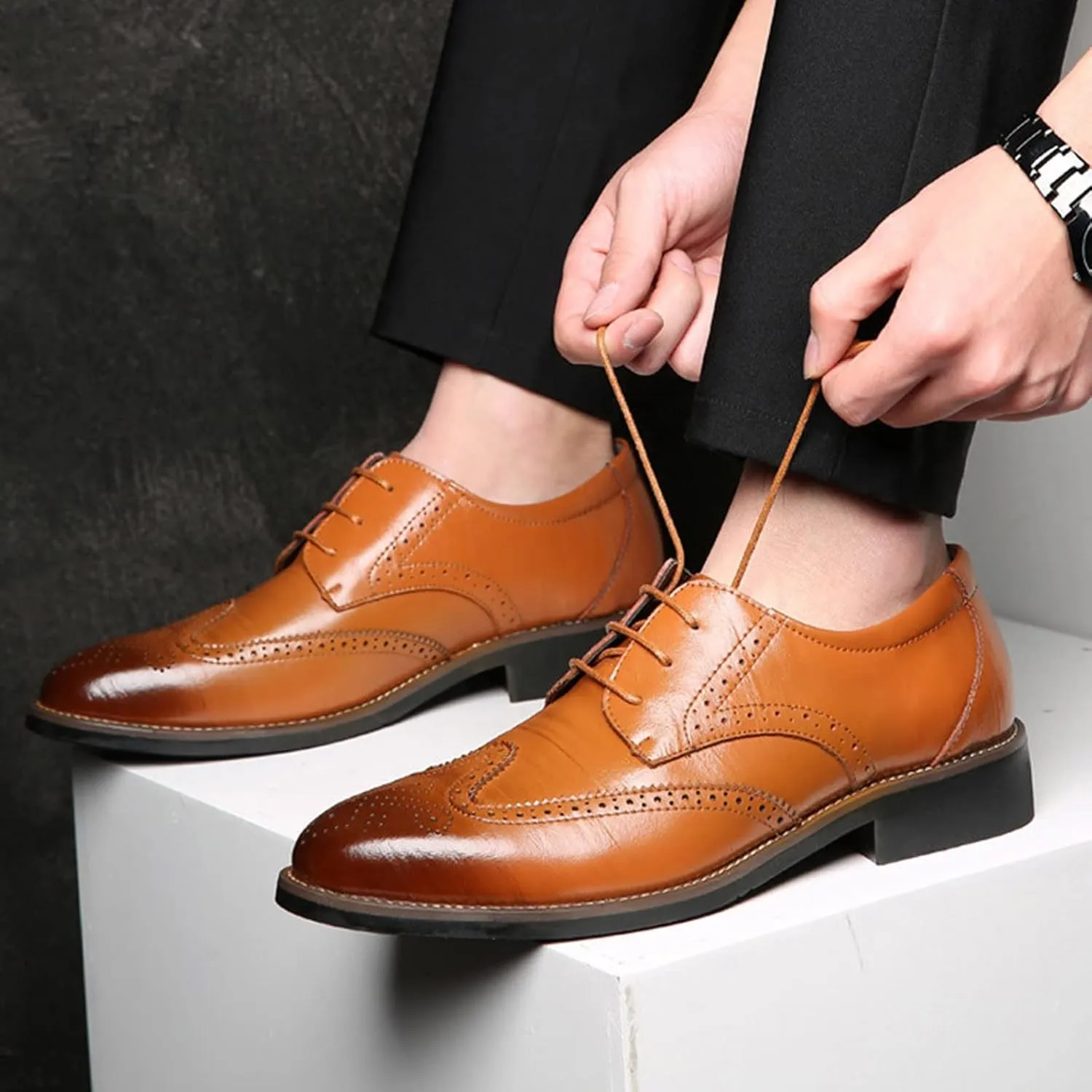 Mens Premium Leather Dress Shoes Comfort Business Classical Style Men's Breathable Hollow Business Casual Pointed Shoes Men's Handmade Dress Shoes Oxford Formal Leather