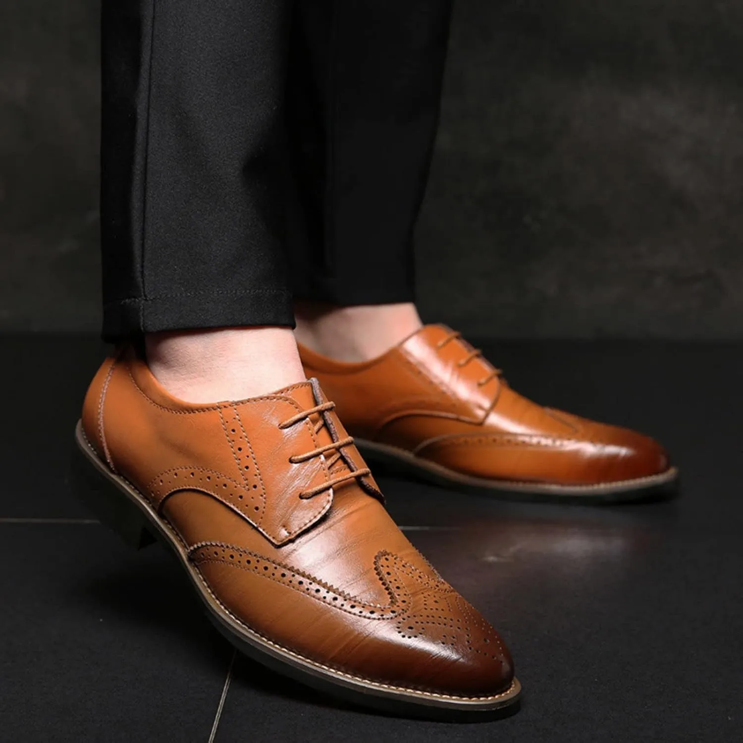 Mens Premium Leather Dress Shoes Comfort Business Classical Style Men's Breathable Hollow Business Casual Pointed Shoes Men's Handmade Dress Shoes Oxford Formal Leather
