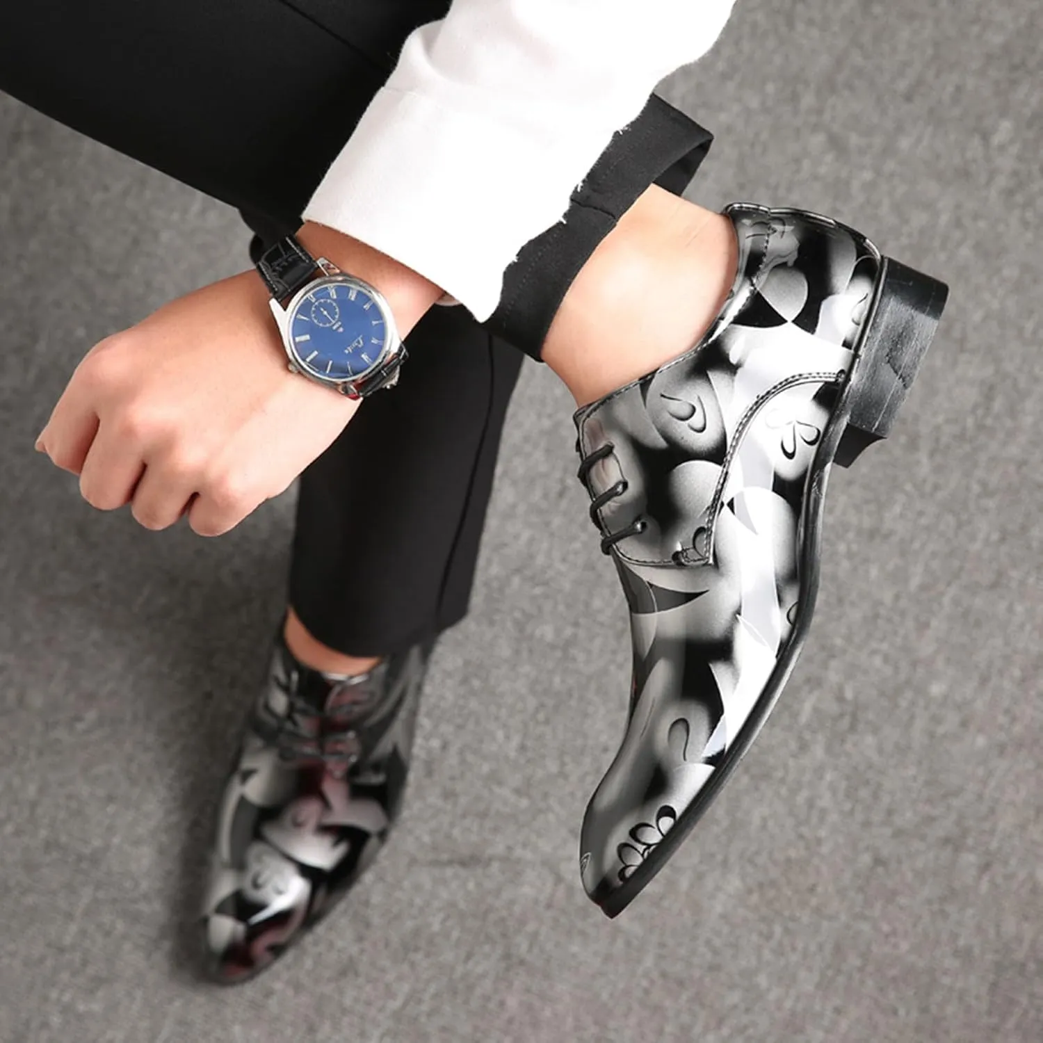 Men's Tuxedo Oxford Shoes Pointed-Toe Lace-up Patent Leather Formal Shoes Fashion Prom Wedding Dress Shoes for Men