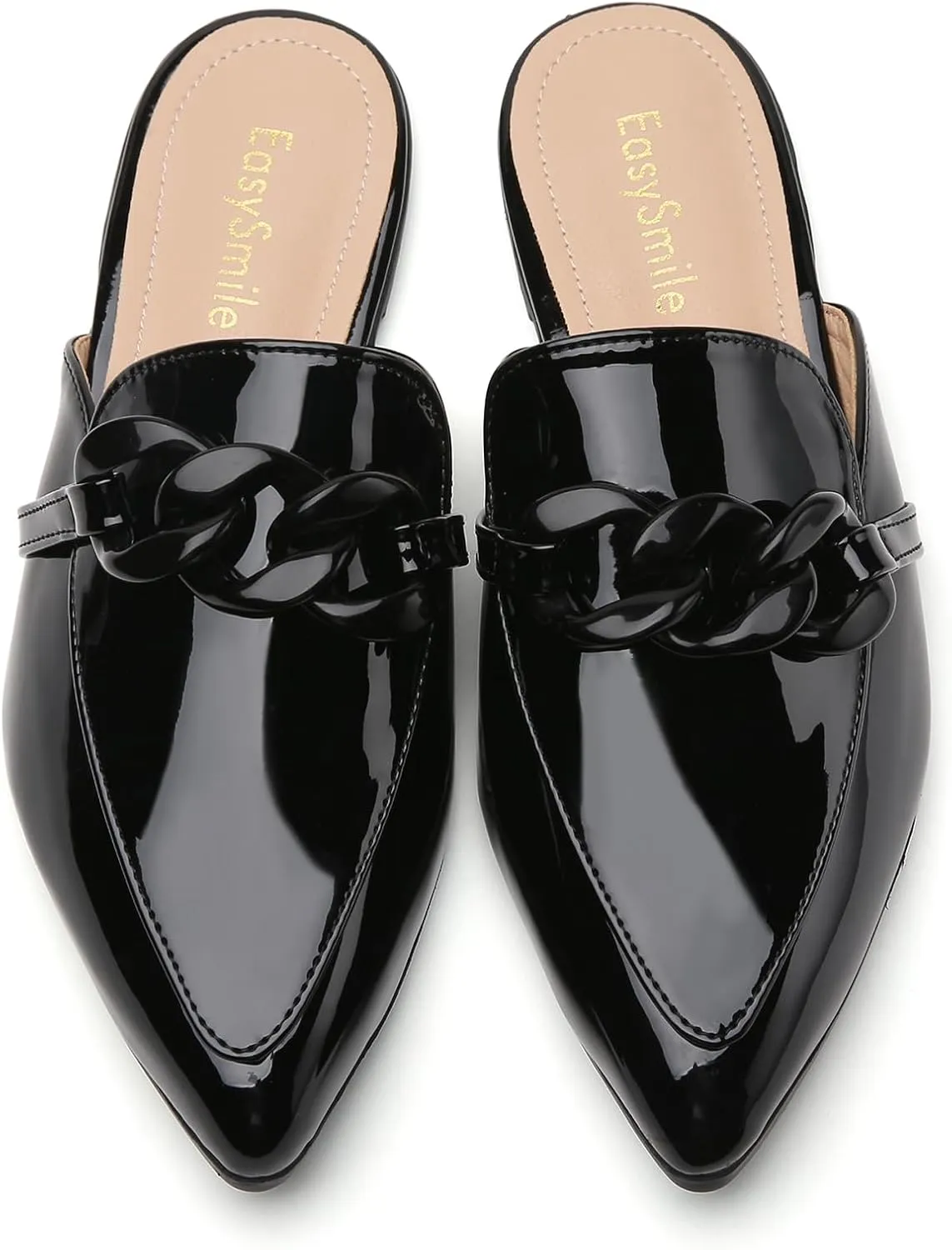 Metal Chain Decor Flat Mules for Women Closed Pointed Toe Slip on Loafers Slides Backless Mules Shoes