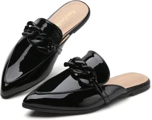 Metal Chain Decor Flat Mules for Women Closed Pointed Toe Slip on Loafers Slides Backless Mules Shoes