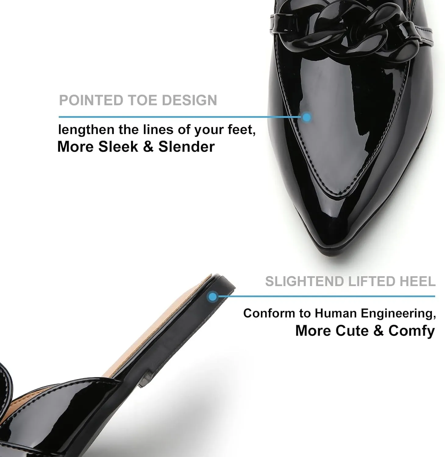 Metal Chain Decor Flat Mules for Women Closed Pointed Toe Slip on Loafers Slides Backless Mules Shoes