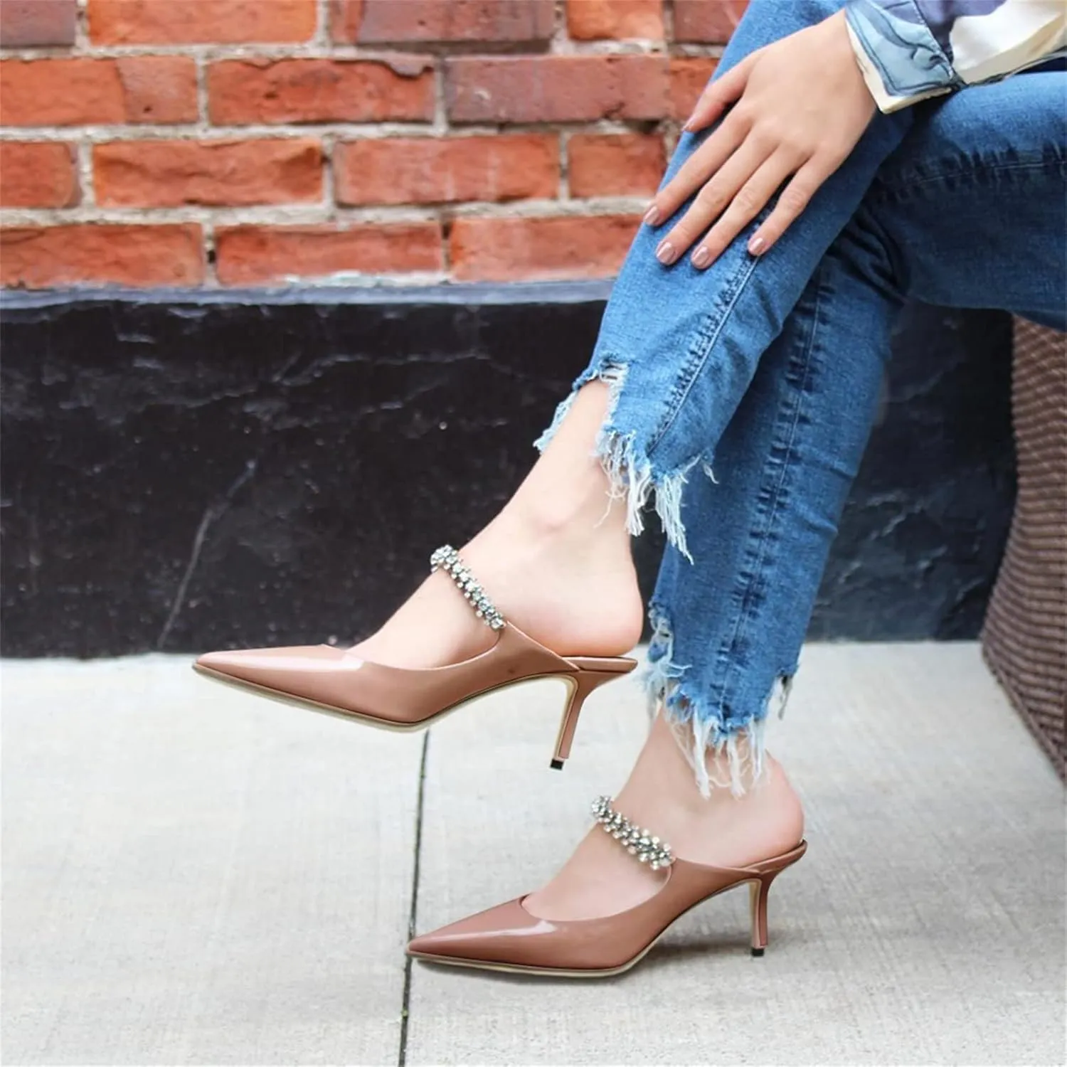 MIRAAZZURRA Women Heeled Mules Rhinestone Strappy Pointed Toe Mules Stiletto High Heels Slip On Bridal Sandals for Women