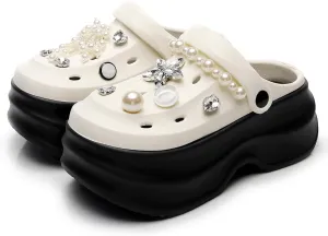 NIFFTORIA Women's Platform Clogs Gardener Slip On Slides Shoes Mules Hight Heels Beach Sandals with Pearl Accessories