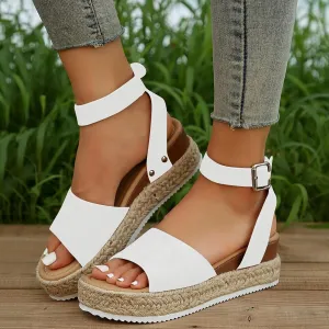 Open Toe Buckle Ankle Strap Espadrilles Flatform Wedge Casual Sandals for Women 2025 Platform Wedge Sandals Women Faux Leather Summer Dressy Elegant Flats