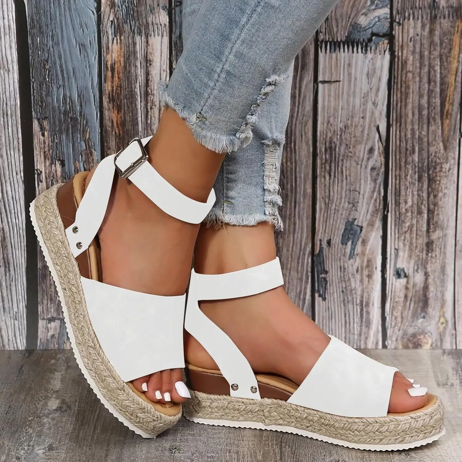 Open Toe Buckle Ankle Strap Espadrilles Flatform Wedge Casual Sandals for Women 2025 Platform Wedge Sandals Women Faux Leather Summer Dressy Elegant Flats