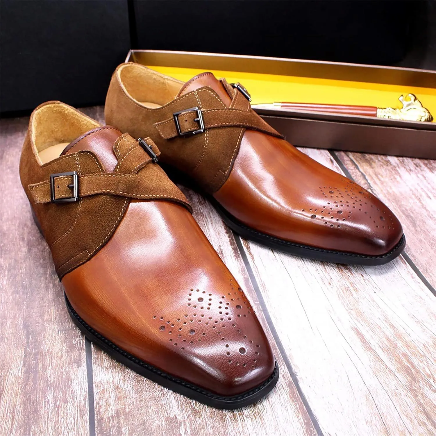 Oxford Dress Shoes for Men Buckle Slip On Monk Strap Shoes Leather Low Top Non Slip Brogues Wedding Office Shoes,Brown-45