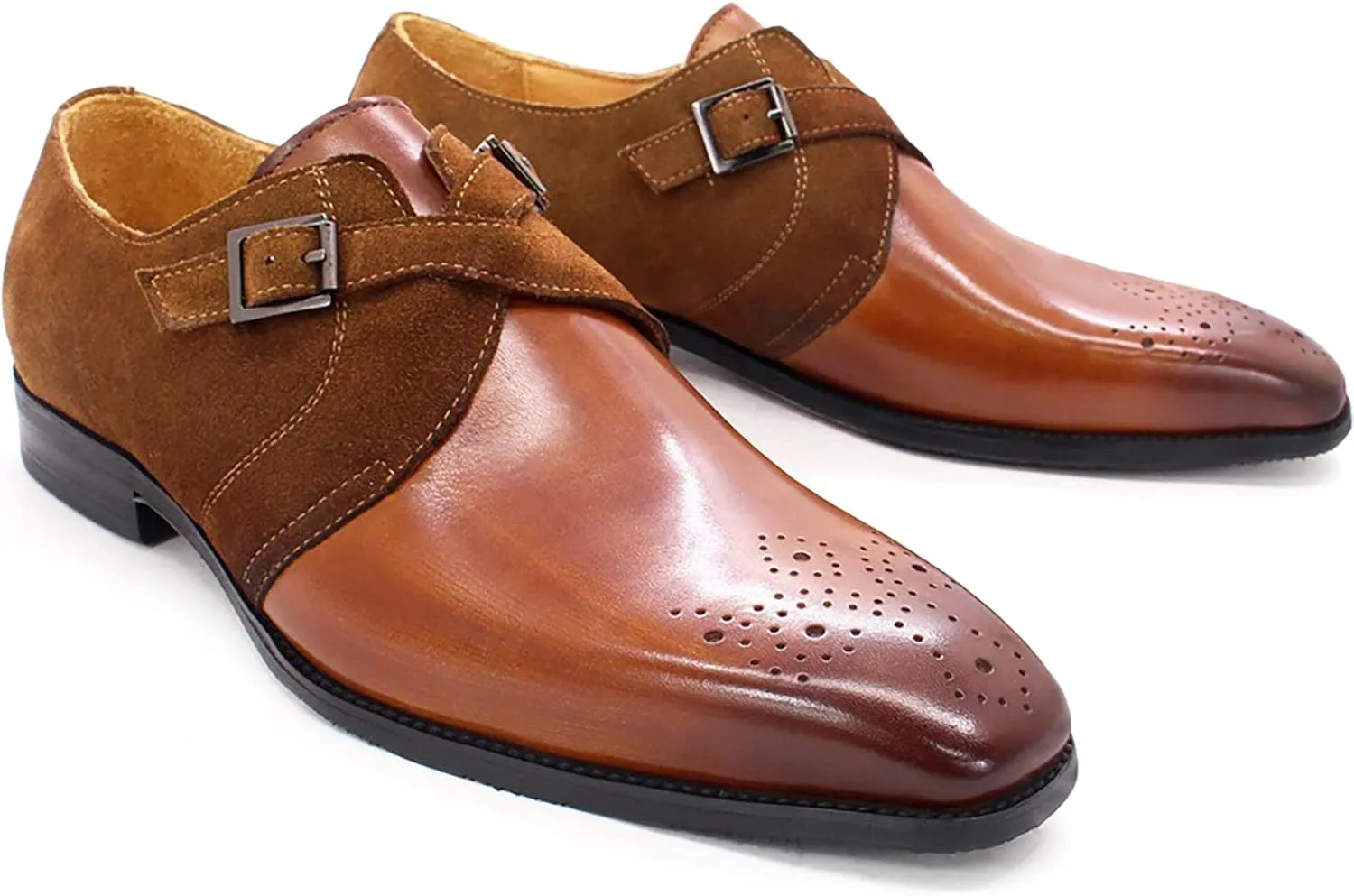 Oxford Dress Shoes for Men Buckle Slip On Monk Strap Shoes Leather Low Top Non Slip Brogues Wedding Office Shoes,Brown-45